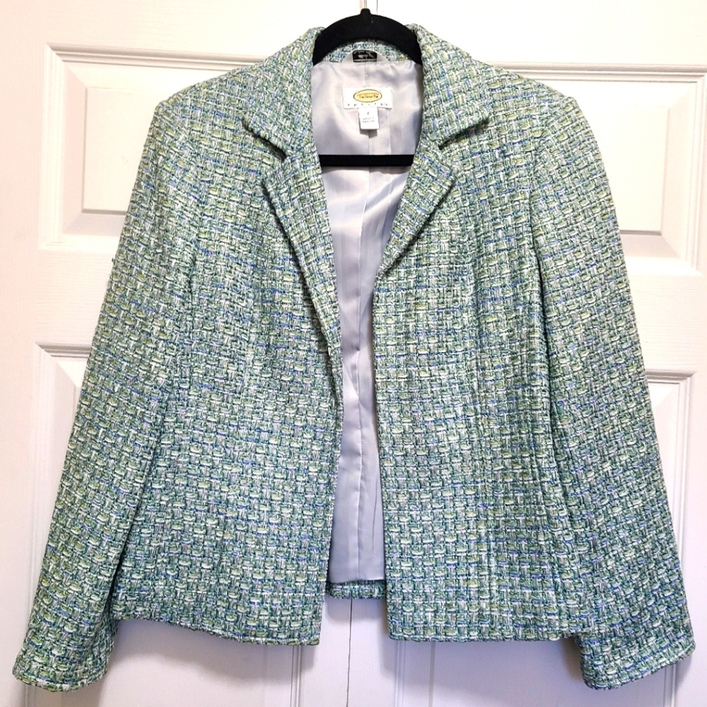 Talbots Open‎ Front Blazer Jacket Basketweave Blue Green Italian Fabric size 8